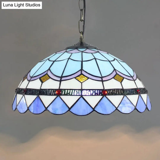 Blue Tiffany Glass Dome Hanging Lamp - 16’ Wide 1 Light