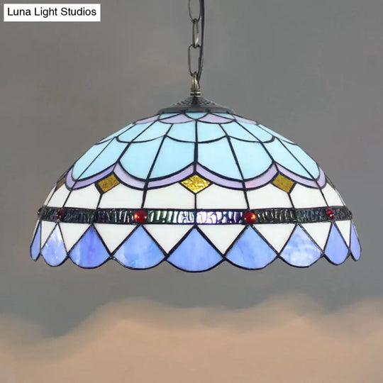 Blue Tiffany Dome Hanging Lamp - 16 Wide Glass Light