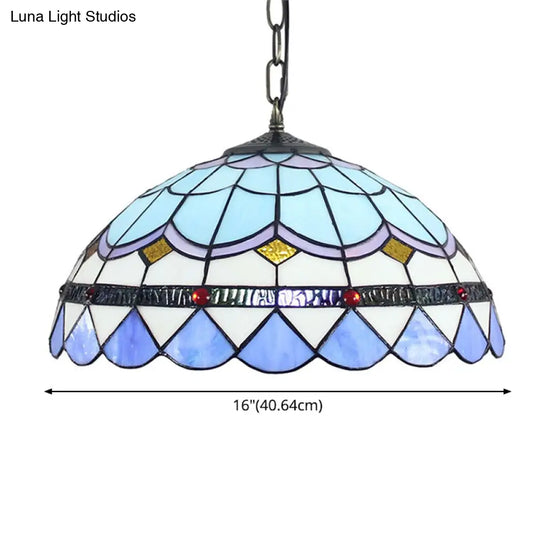 Blue Tiffany Dome Hanging Lamp - 16 Wide Glass Light