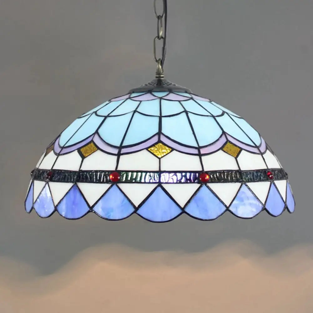 Blue Tiffany Glass Dome Hanging Lamp - 16’ Wide 1 Light