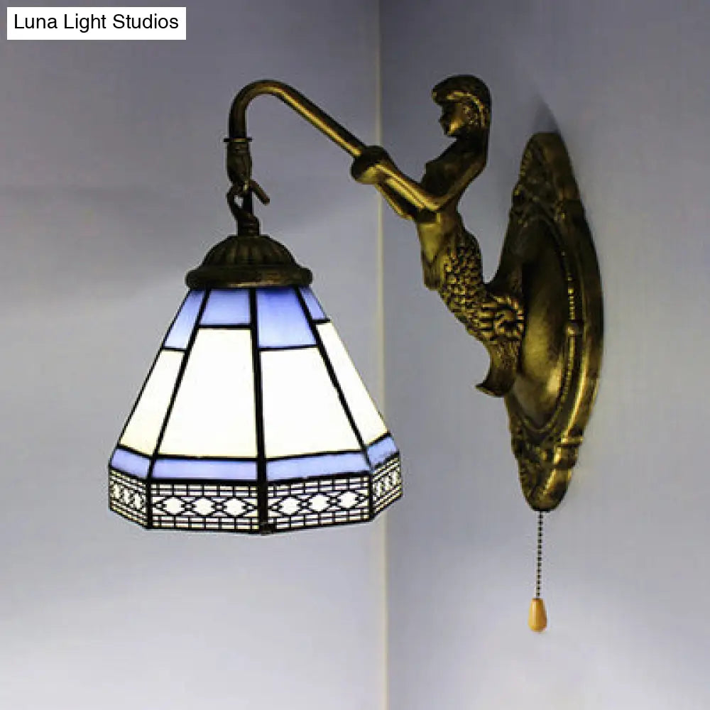 Blue Tiffany Glass Wall Sconce With Antique Brass Finish