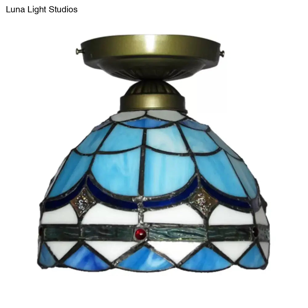 Blue Tiffany Semi Flush Ceiling Light For Bedroom With Art Glass Shade - 7.5 X 8 Inches