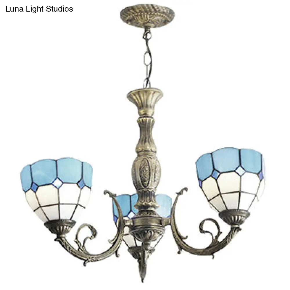 Blue Tiffany Stained Glass 3-Light Chandelier With Bowl Shade