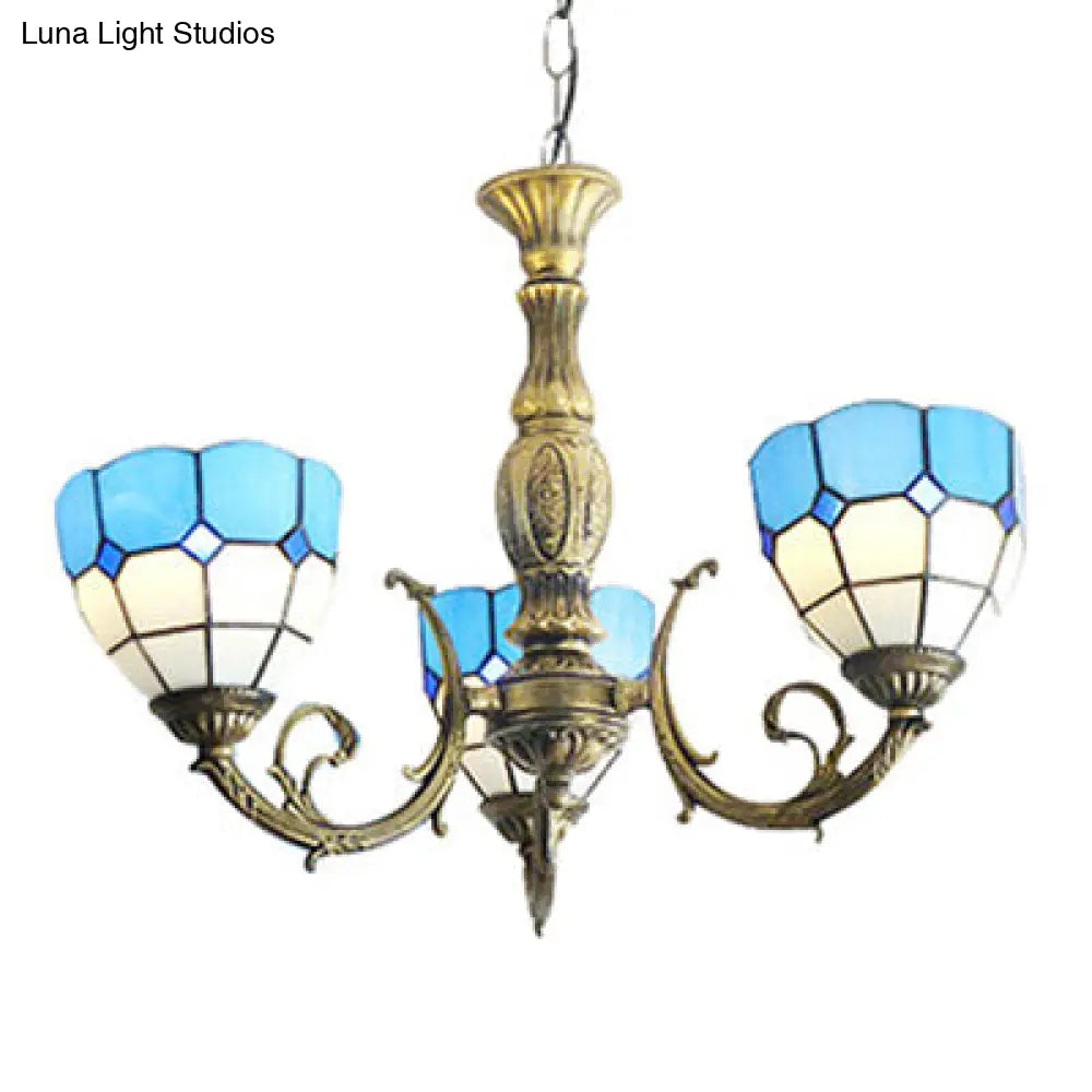 Tiffany Stained Glass Blue Chandelier - 3-Light Fixture With Bowl Shades