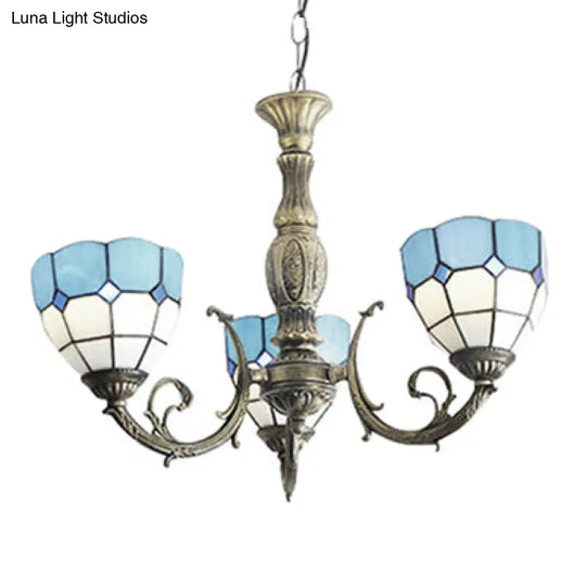 Blue Tiffany Stained Glass 3-Light Chandelier With Bowl Shade