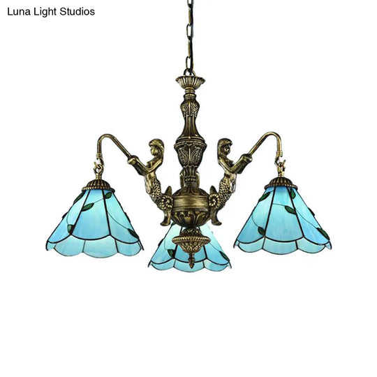 Blue Tiffany Conical Stained Glass Chandelier Ceiling Light - Mermaid Design 3/5 Lights