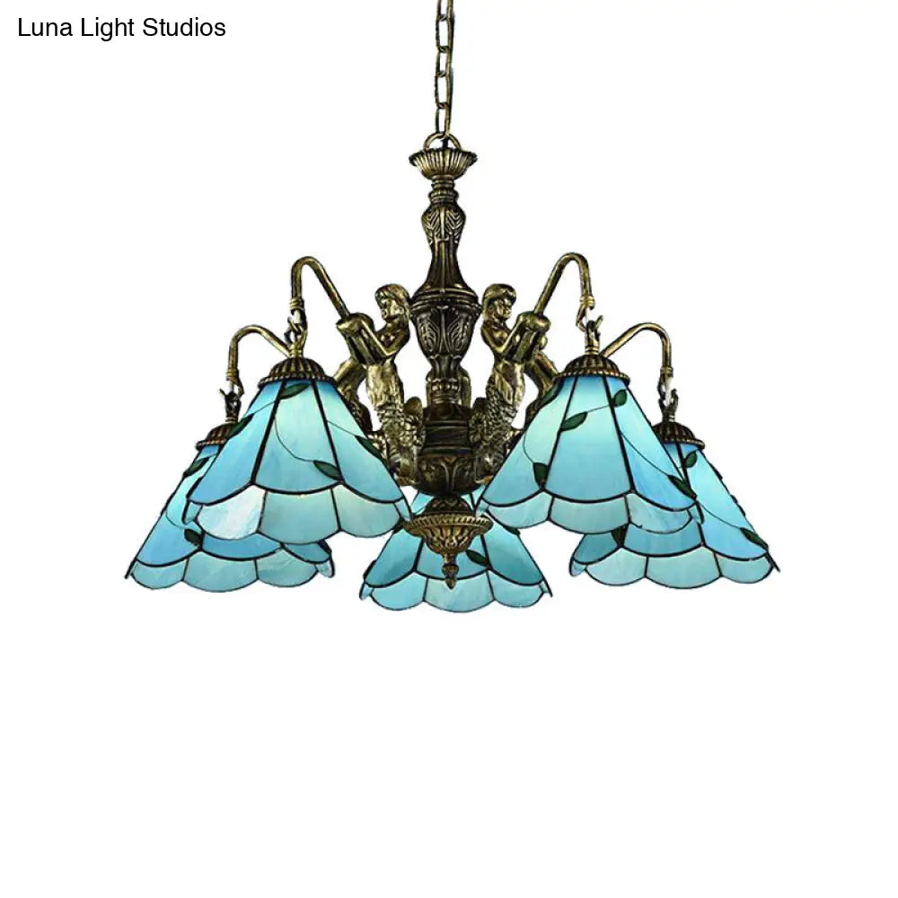 Blue Tiffany Conical Stained Glass Chandelier Ceiling Light - Mermaid Design 3/5 Lights