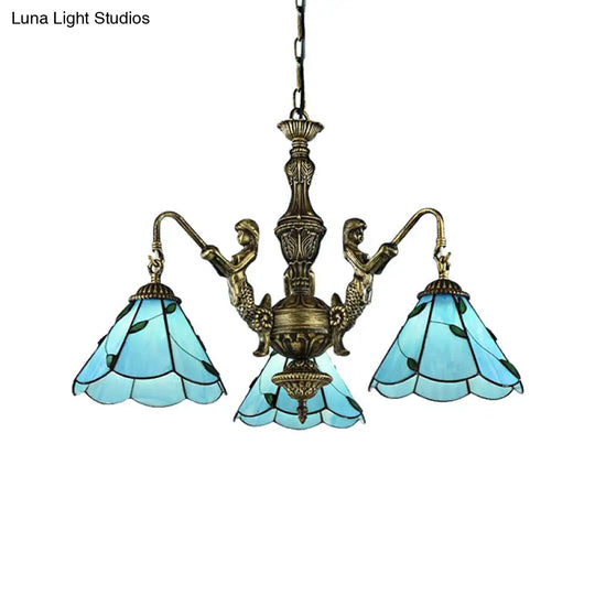 Blue Tiffany Stained Glass Chandelier With 3/5 Lights & Mermaid Design