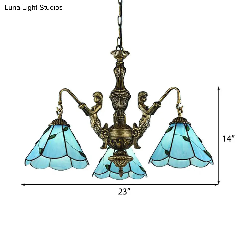 Blue Tiffany Conical Stained Glass Chandelier Ceiling Light - Mermaid Design 3/5 Lights