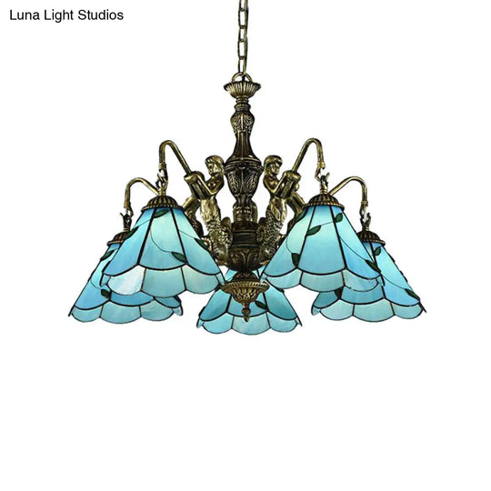 Blue Tiffany Stained Glass Chandelier With 3/5 Lights & Mermaid Design