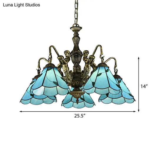 Blue Tiffany Stained Glass Chandelier With 3/5 Lights & Mermaid Design