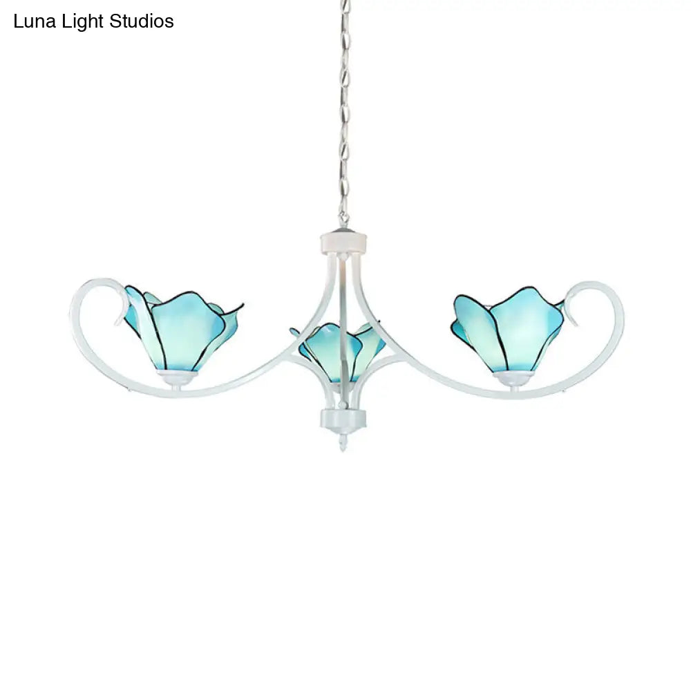 Blue Stained Glass Petal Chandelier With Metal Chain - Tiffany Rustic Pendant Light For Foyer 3