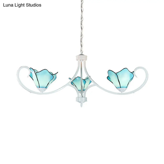 Blue Stained Glass Petal Chandelier With Metal Chain - Tiffany Rustic Pendant Light For Foyer 3