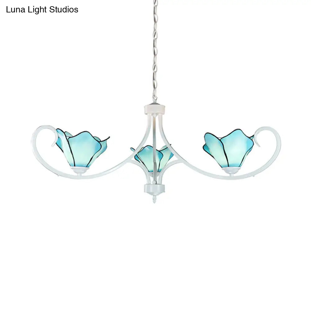 Blue Tiffany Stained Glass Chandelier With Rustic Petal Design - 3 Light Pendant For Foyer Metal