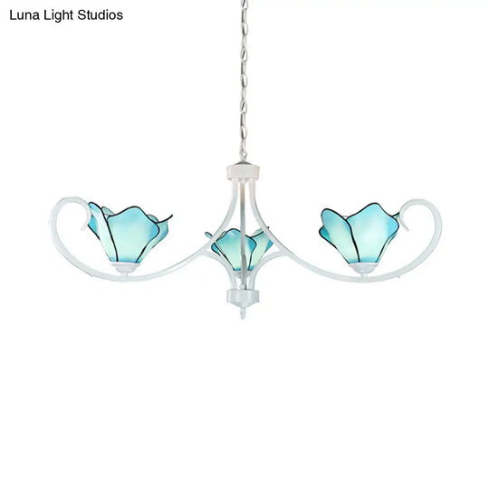 Blue Tiffany Stained Glass Chandelier With Rustic Petal Design - 3 Light Pendant For Foyer Metal