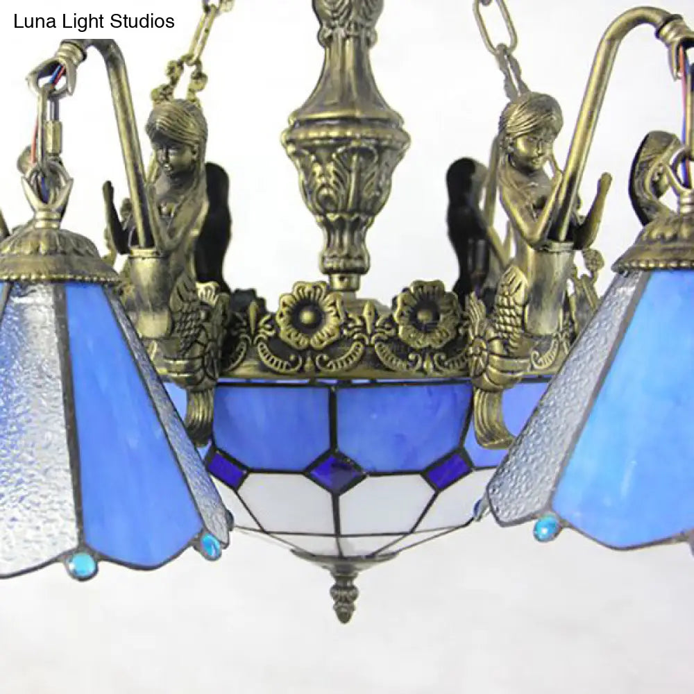 Tiffany Stained Glass Hanging Light - Blue 9 Lights Pendant Chandelier For Dining Room