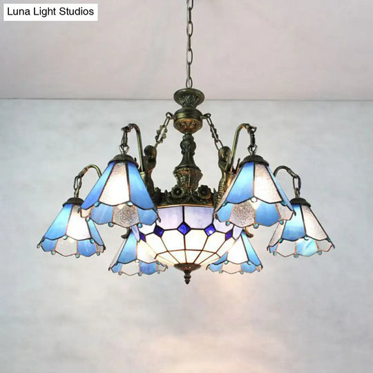 Tiffany Stained Glass Hanging Light - Blue 9 Lights Pendant Chandelier For Dining Room