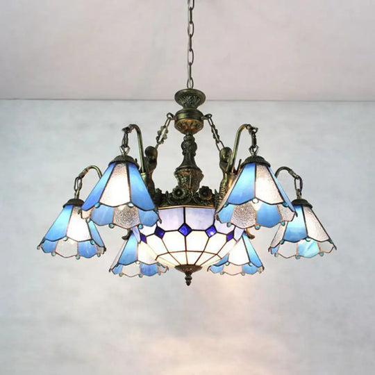 Blue Tiffany Stained Glass Pendant Chandelier - 9-Light Conical Hanging Light For Dining Room