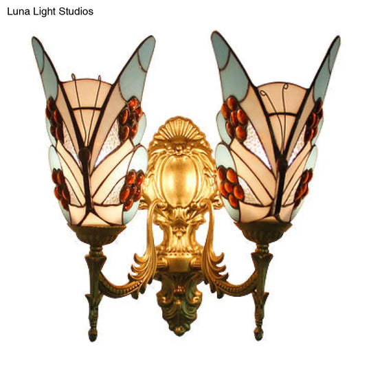 Blue Tiffany Style Butterfly Wall Sconce With Stained Glass - 2-Light Fixture For Bedroom