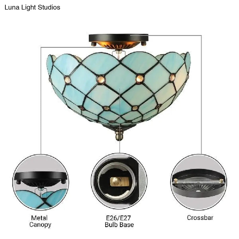 Tiffany-Style Blue Floral Ceiling Light: Semi-Flush 2-Light With Jewel Decoration For Bedroom