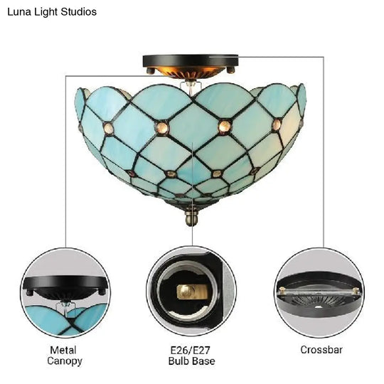 Blue Tiffany Style Ceiling Light For Bedroom - 2 - Light Floral Semi Flush Mount With Jewel