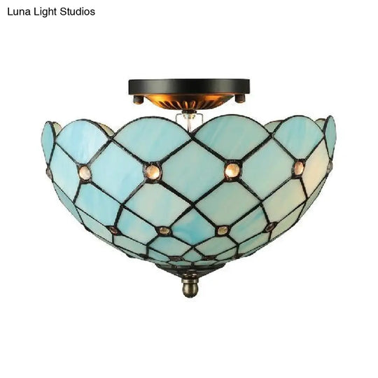 Tiffany-Style Blue Floral Ceiling Light: Semi-Flush 2-Light With Jewel Decoration For Bedroom