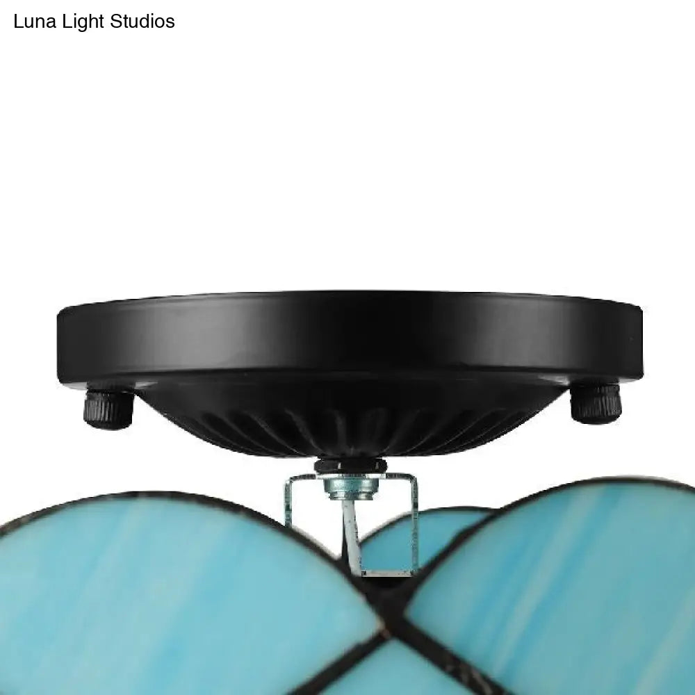 Blue Tiffany Style Ceiling Light For Bedroom - 2 - Light Floral Semi Flush Mount With Jewel