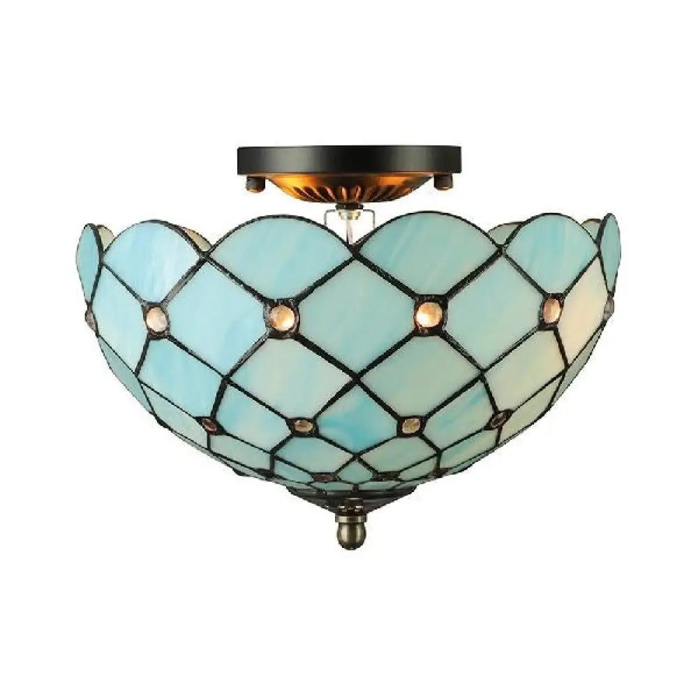 Blue Tiffany Style Ceiling Light For Bedroom - 2 - Light Floral Semi Flush Mount With Jewel