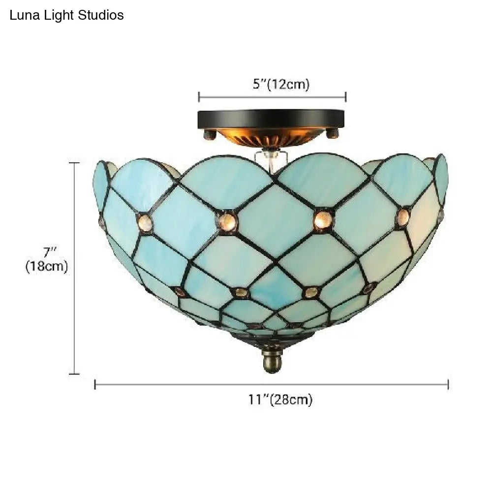 Blue Tiffany Style Ceiling Light For Bedroom - 2 - Light Floral Semi Flush Mount With Jewel