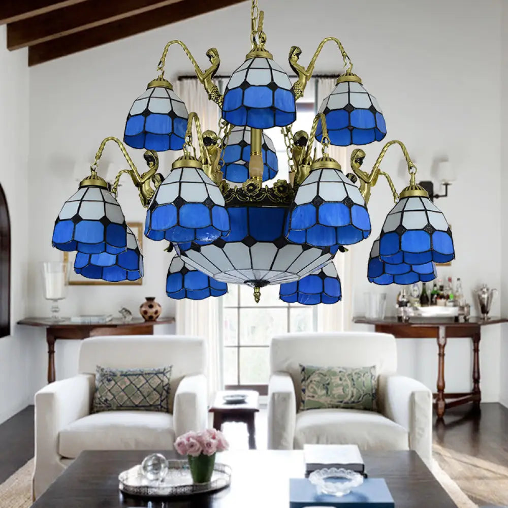 Blue Tiffany Style Chandelier Light: 15-Light Living Room Ceiling Lamp With Dome Cut Glass Shade