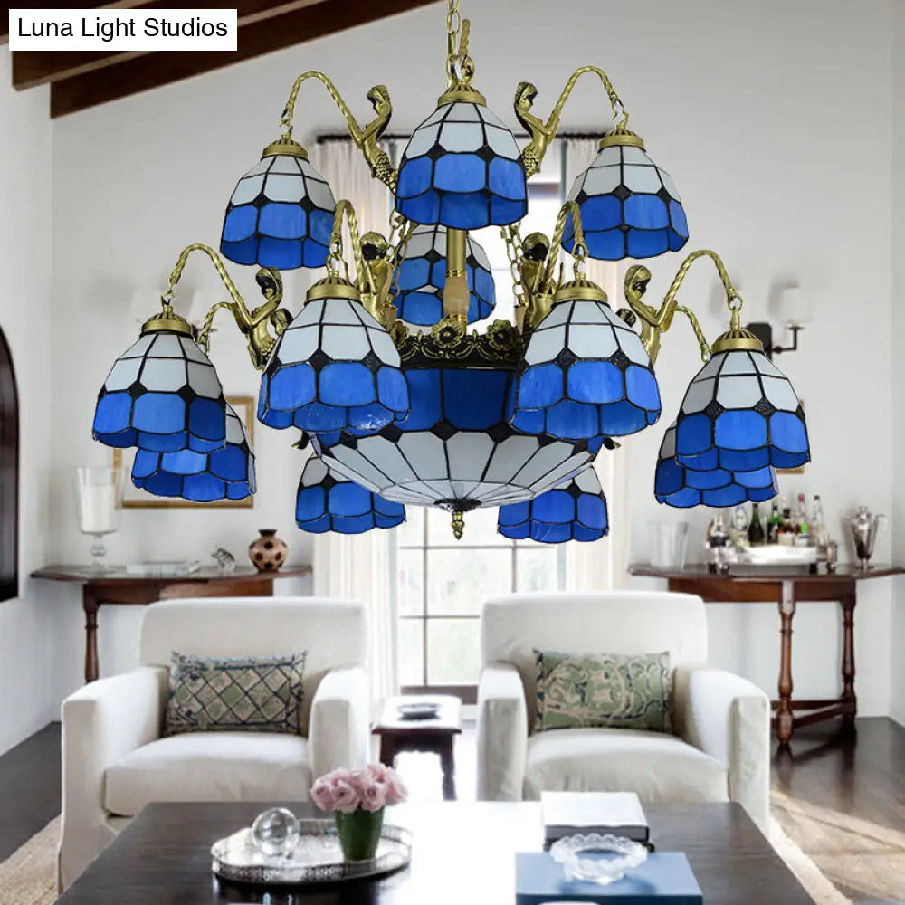 Tiffany Style Blue Chandelier Light - 15-Light Living Room Ceiling Lamp With Dome Cut Glass Shade