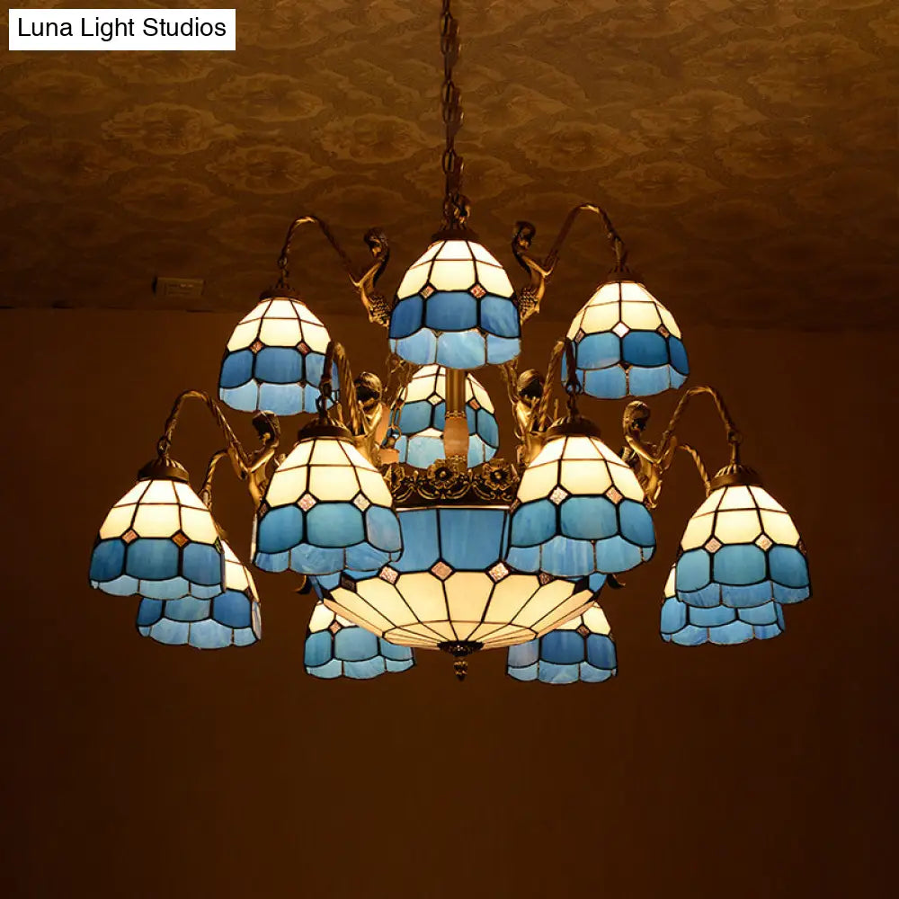 Blue Tiffany Style Chandelier Light: 15-Light Living Room Ceiling Lamp With Dome Cut Glass Shade