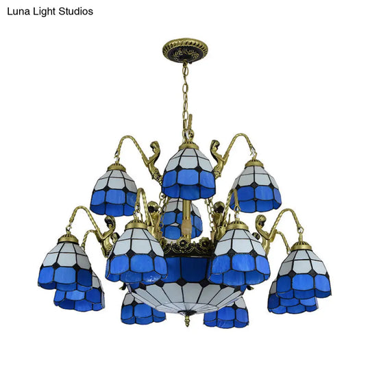 Tiffany Style Blue Chandelier Light - 15-Light Living Room Ceiling Lamp With Dome Cut Glass Shade