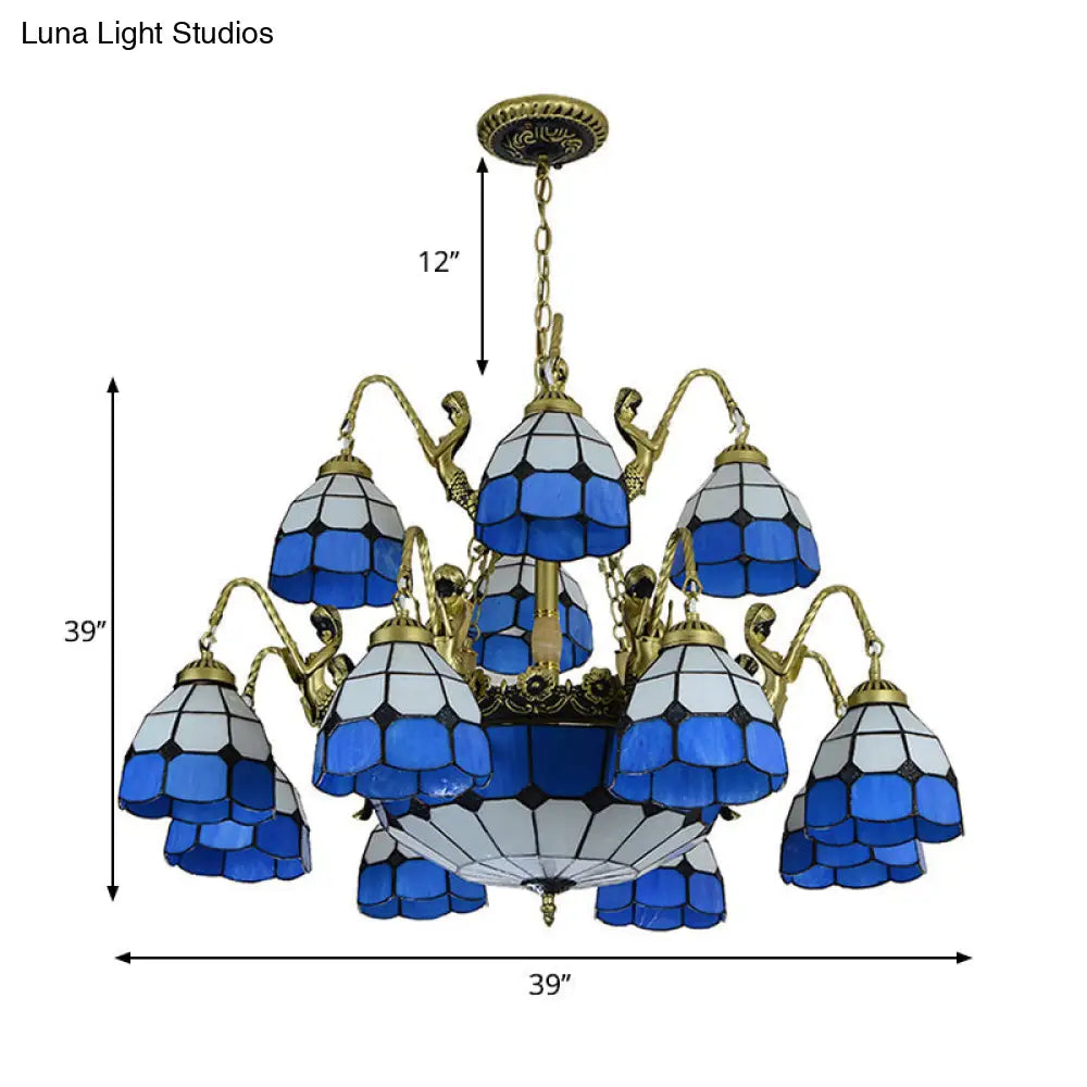 Tiffany Style Blue Chandelier Light - 15-Light Living Room Ceiling Lamp With Dome Cut Glass Shade