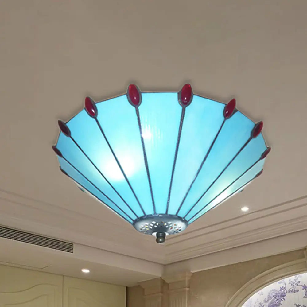 Blue Tiffany Style Cone Ceiling Lamp - Art Glass Finish Flush Light For Dining Room