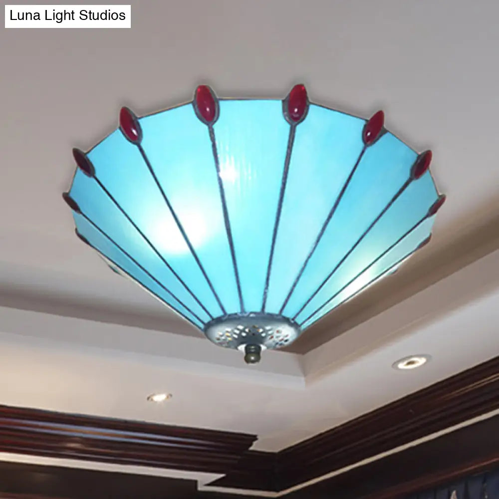 Blue Tiffany Style Cone Ceiling Lamp - Art Glass Finish Flush Light For Dining Room
