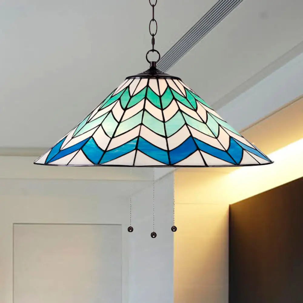 Blue Tiffany-Style Cone Pendant Light Fixture With Stained Art Glass - 16’/19.5’ W Single Head