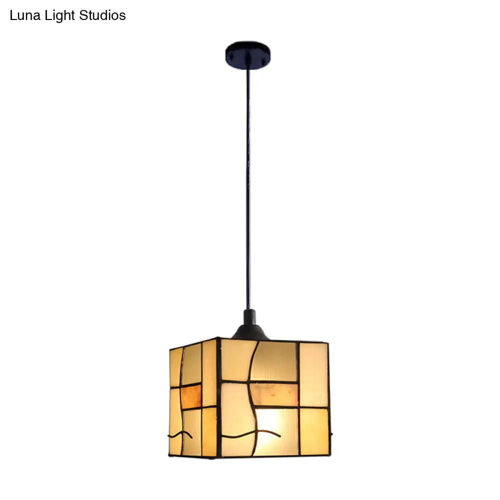Blue Tiffany Style Hanging Lamp - Stainless Glass Rectangular Suspension Light For Corridor 1 Head