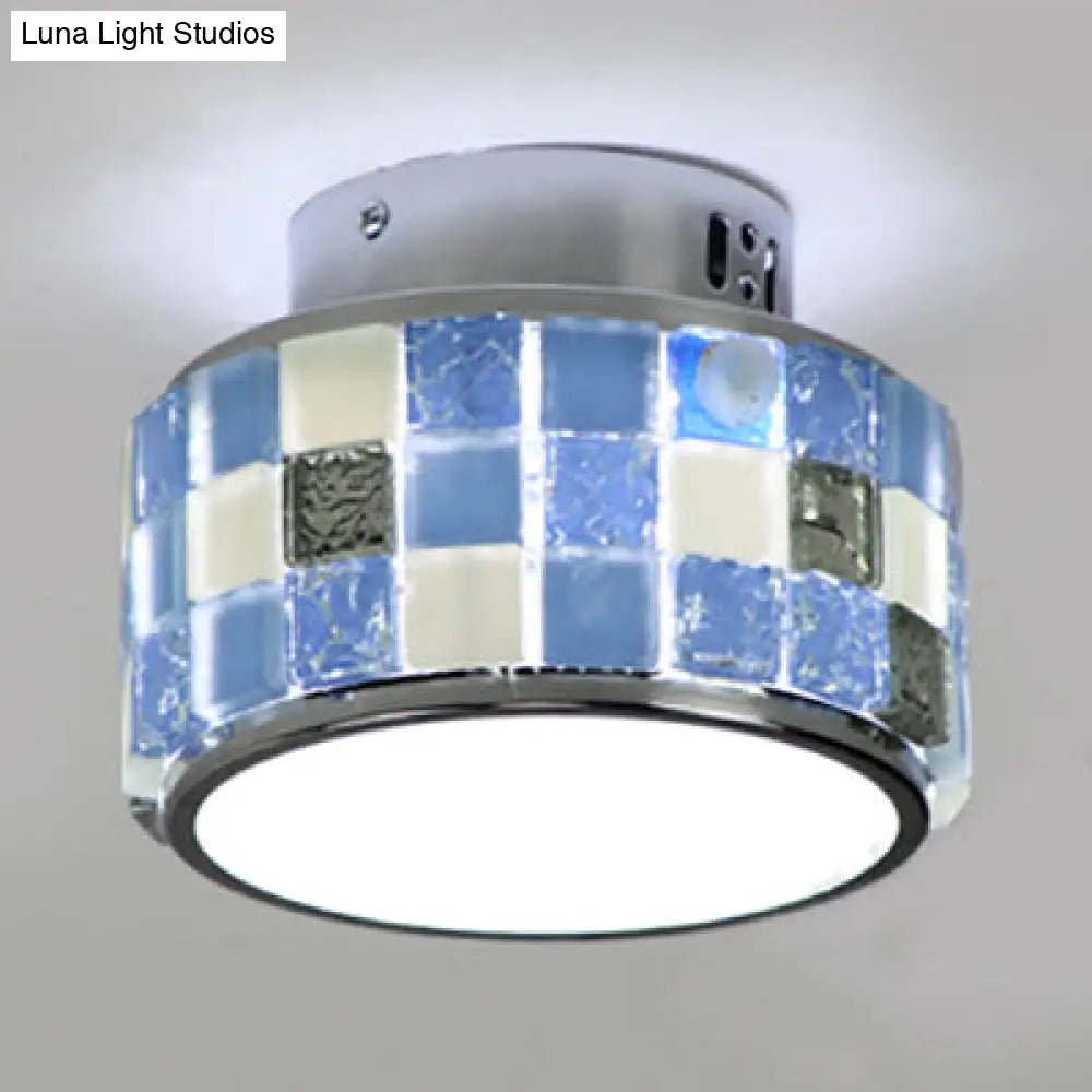 Blue Tiffany Style Mosaic Glass Ceiling Light Fixture - Round Flush Mount For Dining Room