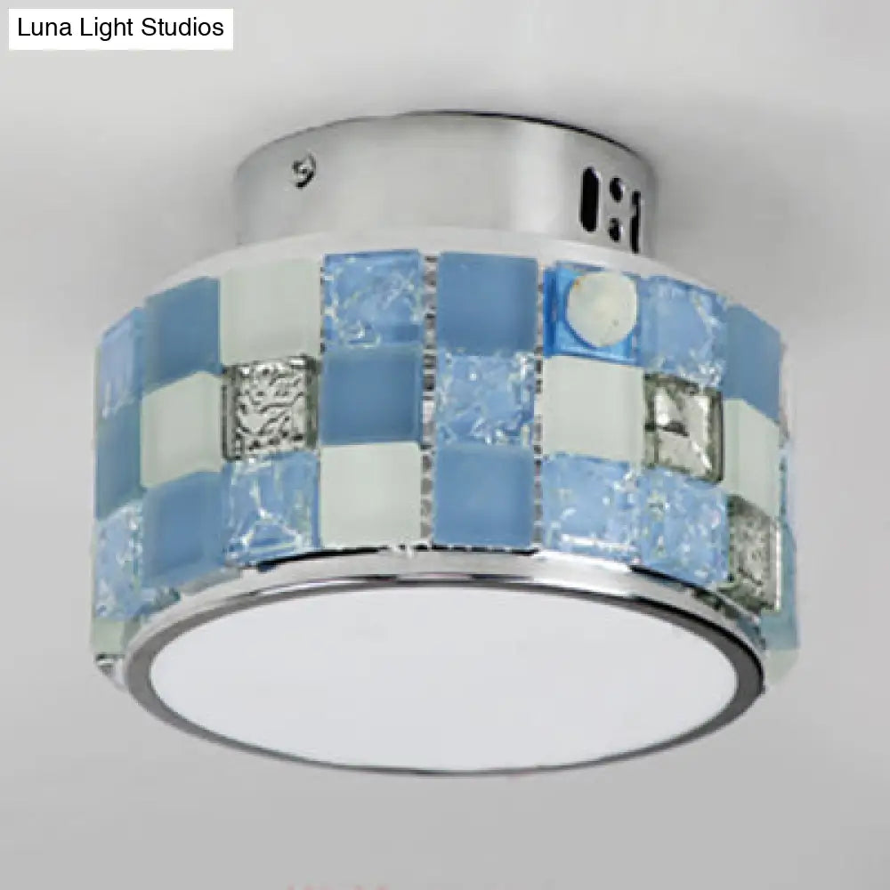 Blue Tiffany Style Mosaic Glass Ceiling Light Fixture - Round Flush Mount For Dining Room
