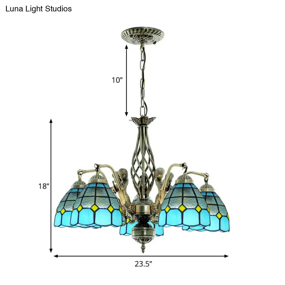 Blue Tiffany-Style Stained Glass Chandelier With 5 Pendant Lights