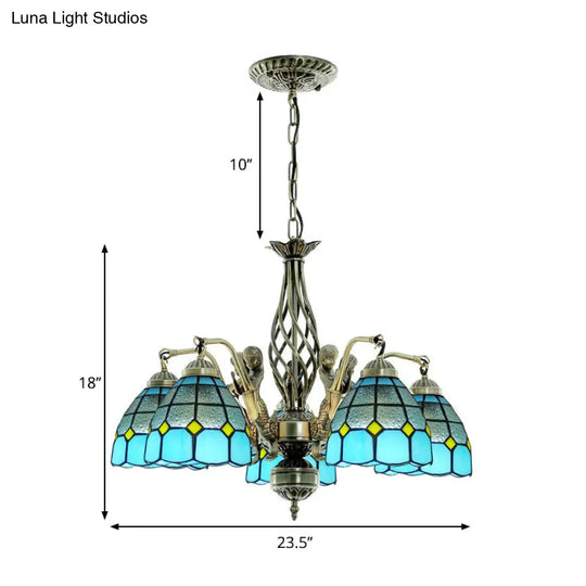 Blue Tiffany-Style Stained Glass Chandelier With 5 Pendant Lights