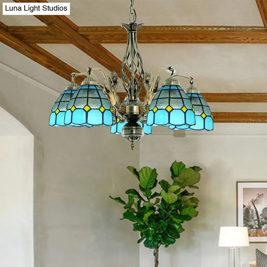 Tiffany Style Dome Stained Glass Chandelier - Blue Pendant Lamp With 5 Lights