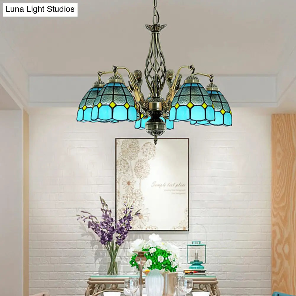 Blue Tiffany-Style Stained Glass Chandelier With 5 Pendant Lights