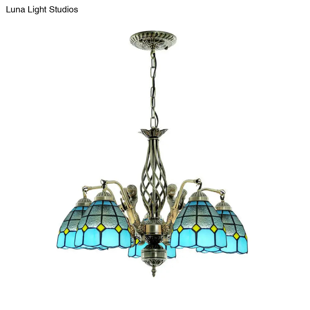 Tiffany Style Dome Stained Glass Chandelier - Blue Pendant Lamp With 5 Lights