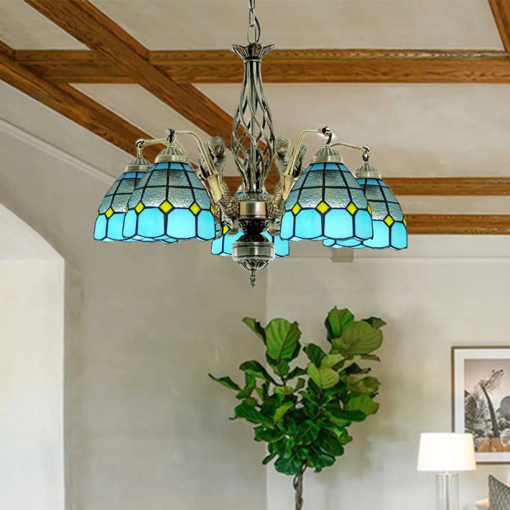 Blue Tiffany-Style Stained Glass Chandelier With 5 Pendant Lights