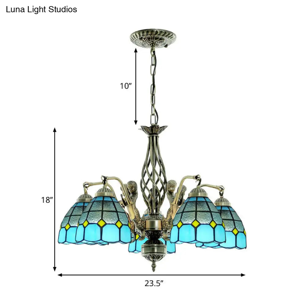 Tiffany Style Dome Stained Glass Chandelier - Blue Pendant Lamp With 5 Lights