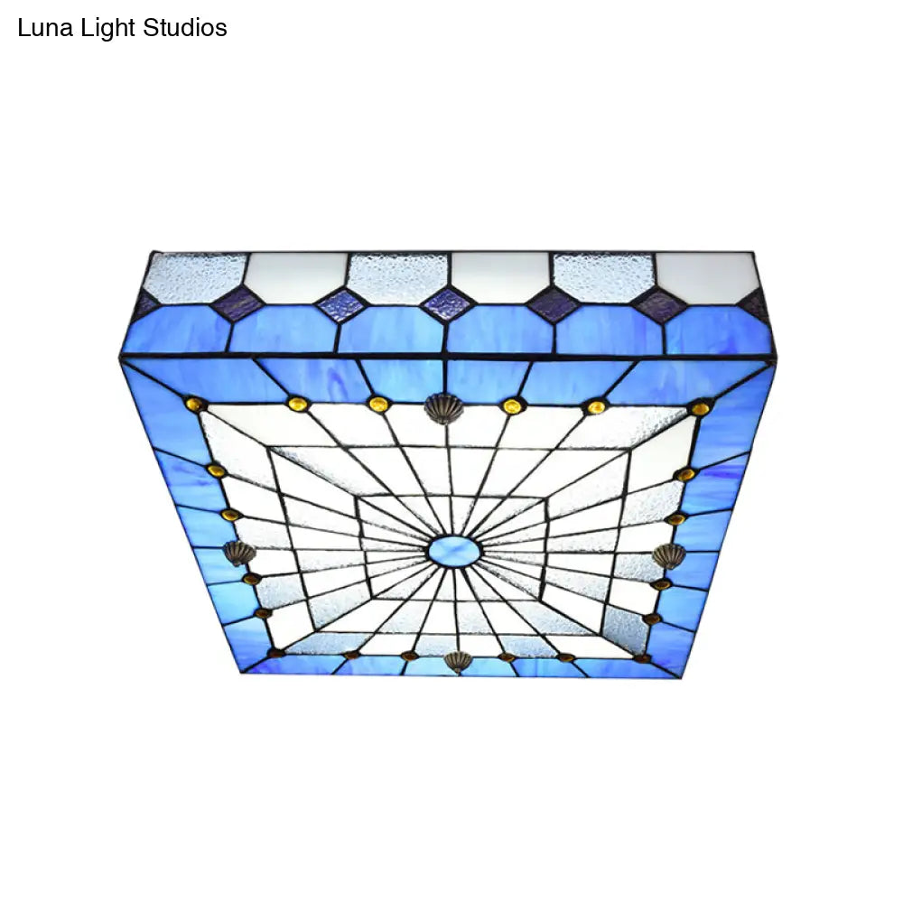 Blue Tiffany Style Stained Glass Flushmount Light - 1 Fixture For Dining Room (12/16 W)