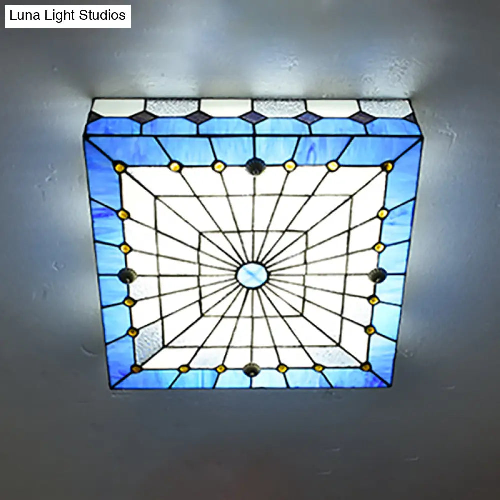 Blue Tiffany Style Stained Glass Flushmount Light - 1 Fixture For Dining Room (12/16 W)