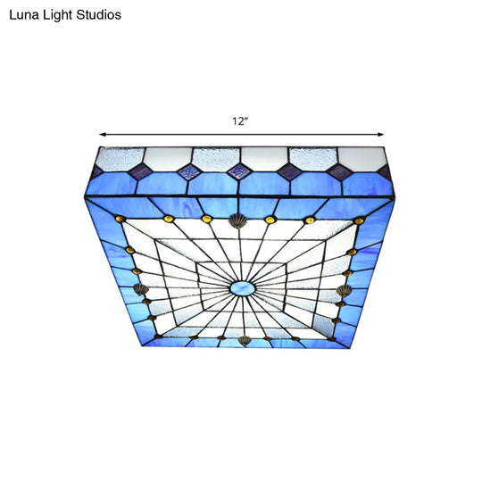 Blue Tiffany Style Stained Glass Flushmount Light - 1 Fixture For Dining Room (12/16 W)